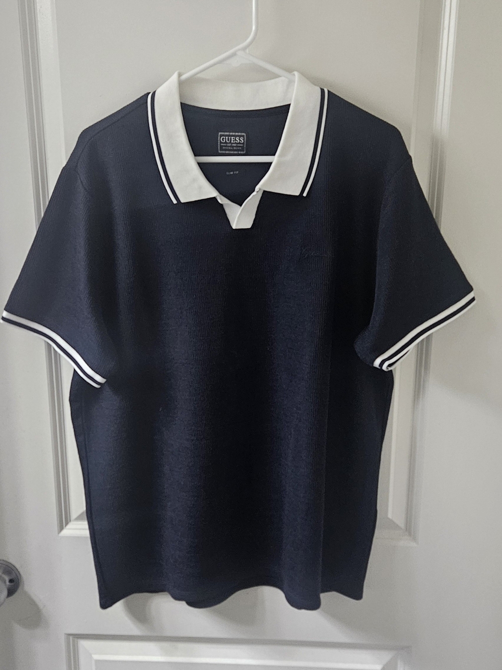 Guess Navy Polo with White Contrast Collar and Sleeve Stripes